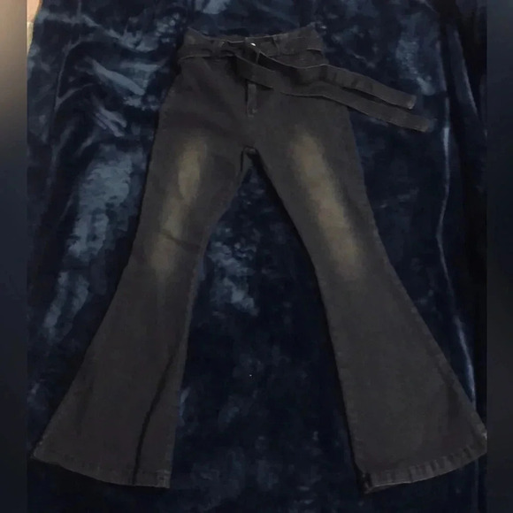 Women’s High-Rise Bell-Bottom Black Denim Jeans Flare Wide Leg & Belt-Med - Picture 5 of 13